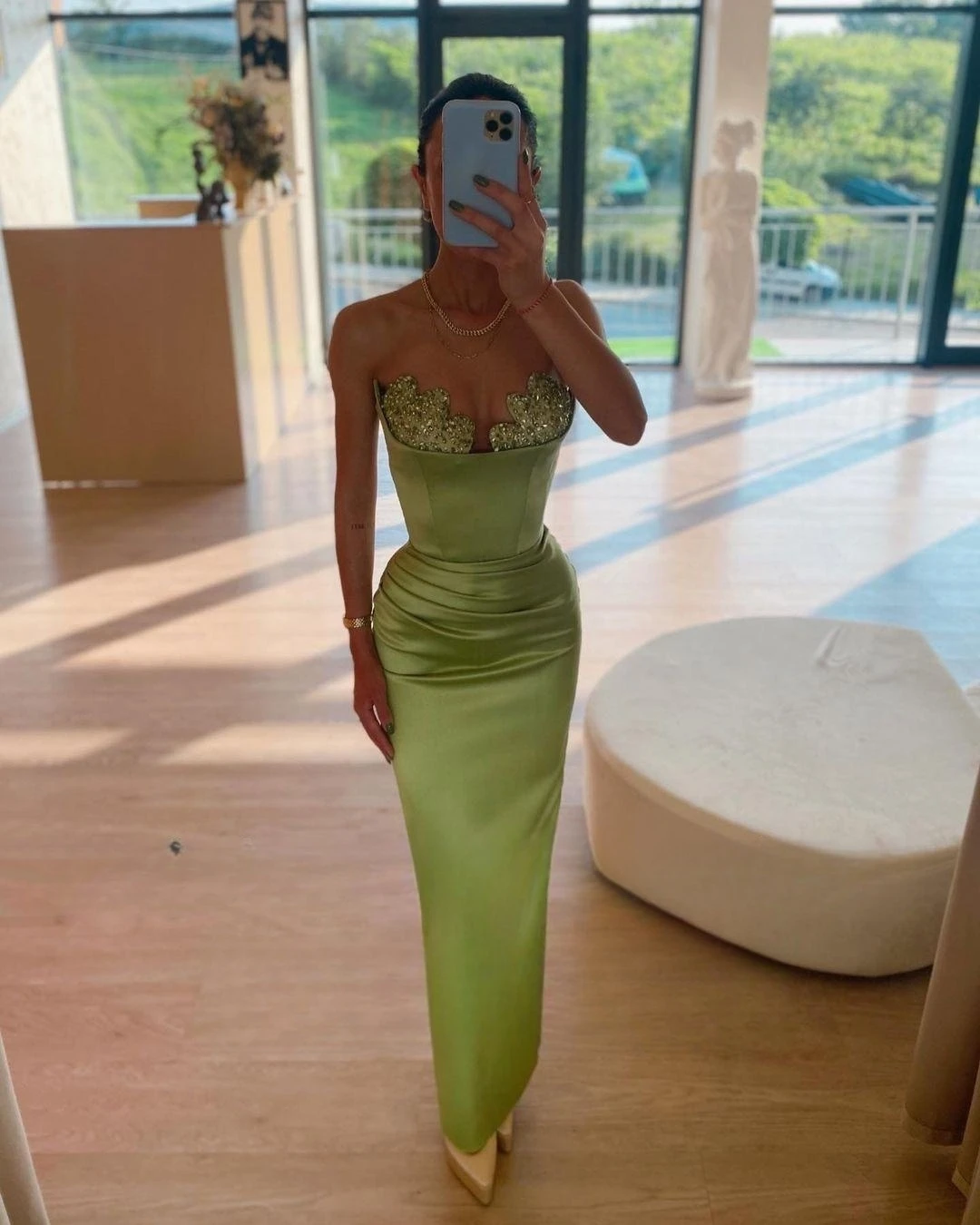 

Оливковое зеленое атласное платье-Русалка для выпускного вечера с кристаллами и бисером без рукавов со складками с рюшами, вечернее настраиваемое на заказ платье Саудовский арабский