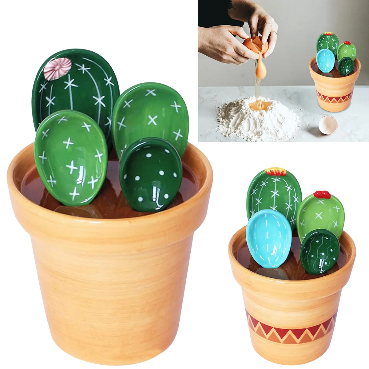 

4Pcs Porcelain Measuring Spoons Set with Base Cute Cactus Shape Stirring Soup Spoon Reusable and Durable Ceramic Flower Pot