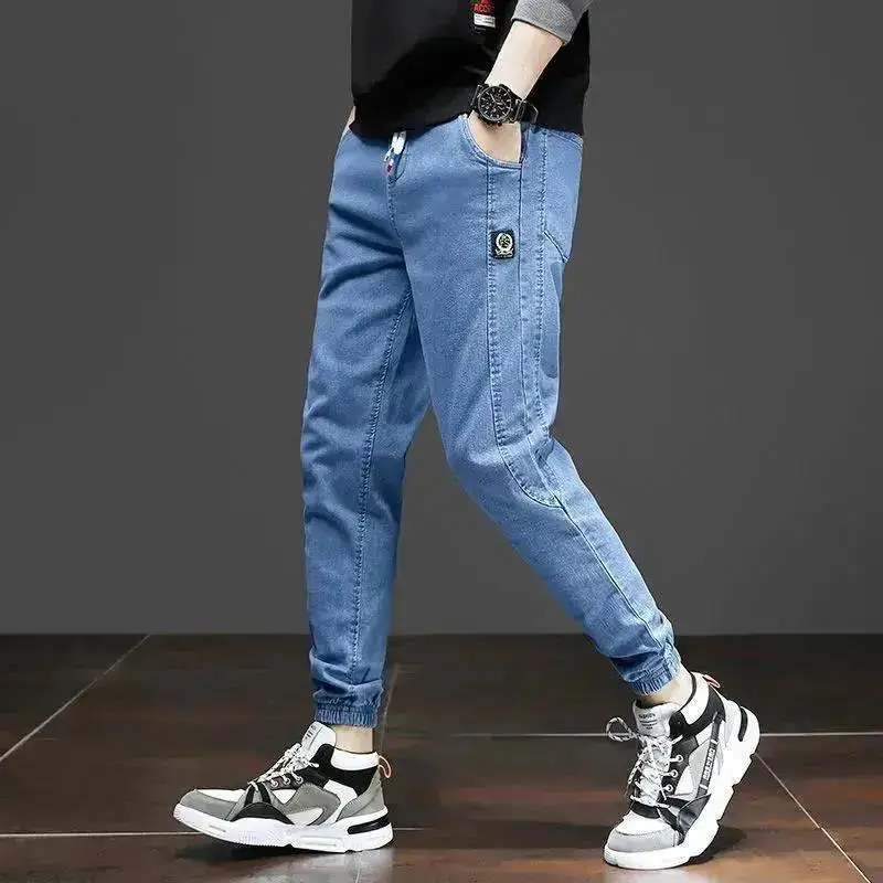 New Stitching Slim Pants Men's All-match Elastic Six-pocket Men's Pants Pentagram Jacquard Jeans Men's