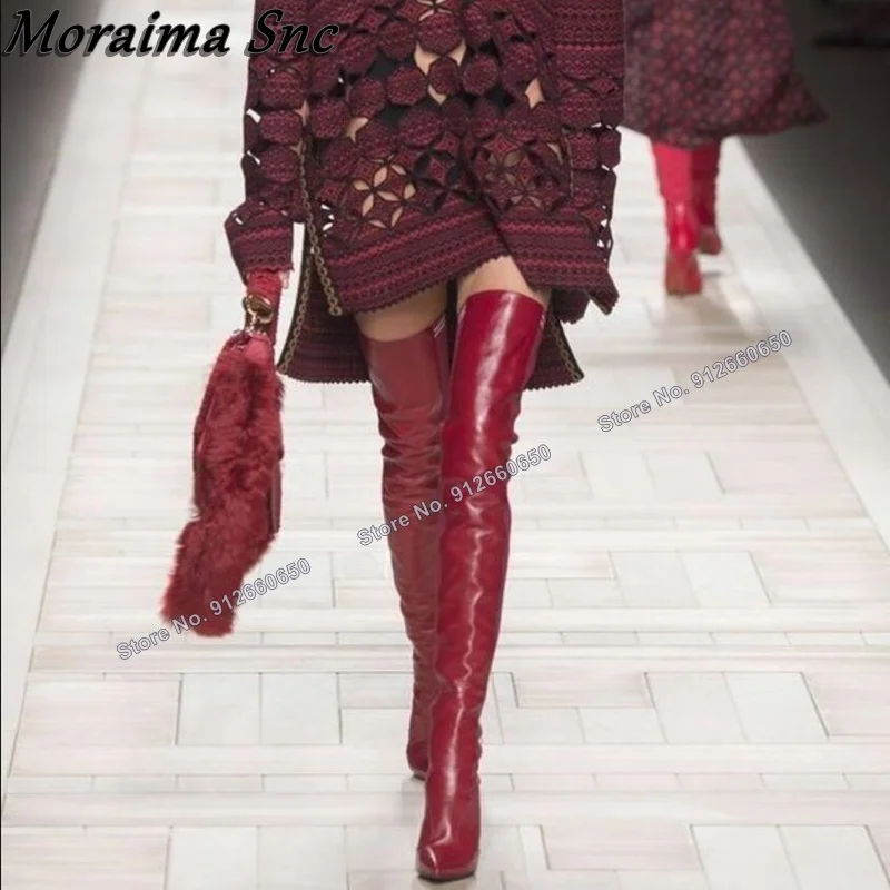 Moraima Snc Red Over the Knee Boots Pointed Toe for Women Solid Thigh High Boots Stilettos High Heels Runway Zapatillas Mujer