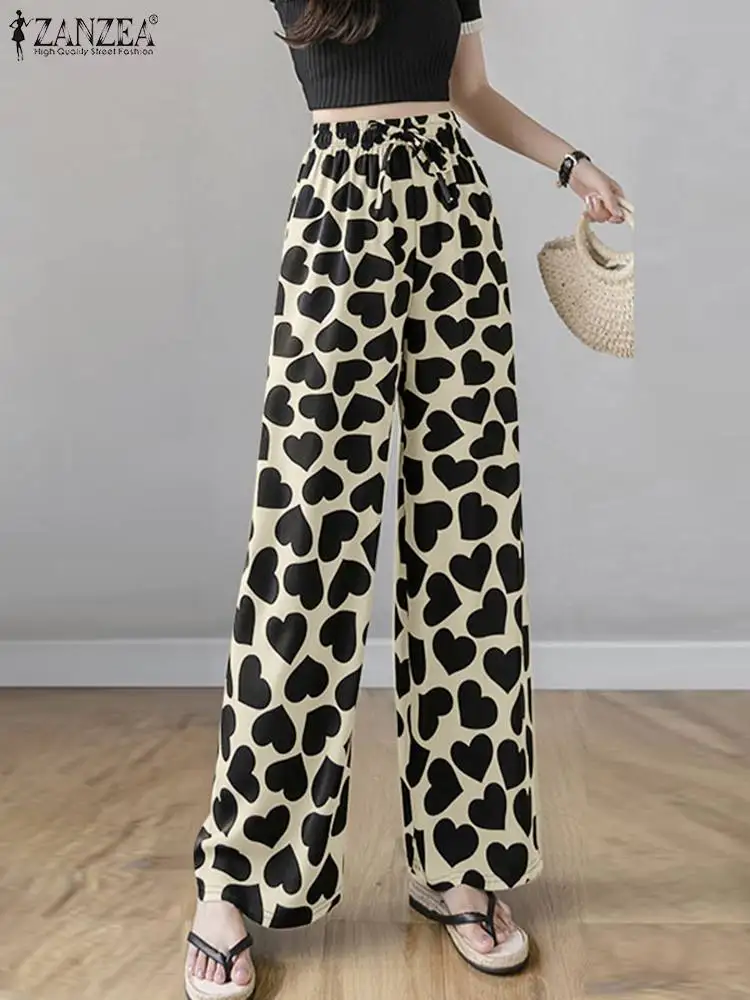 

ZANZEA Women Heart Print Long Pants Female Fashion Drawstring Elastic High Waist Pantalon Spring Casual Loose Wide Leg Trousers