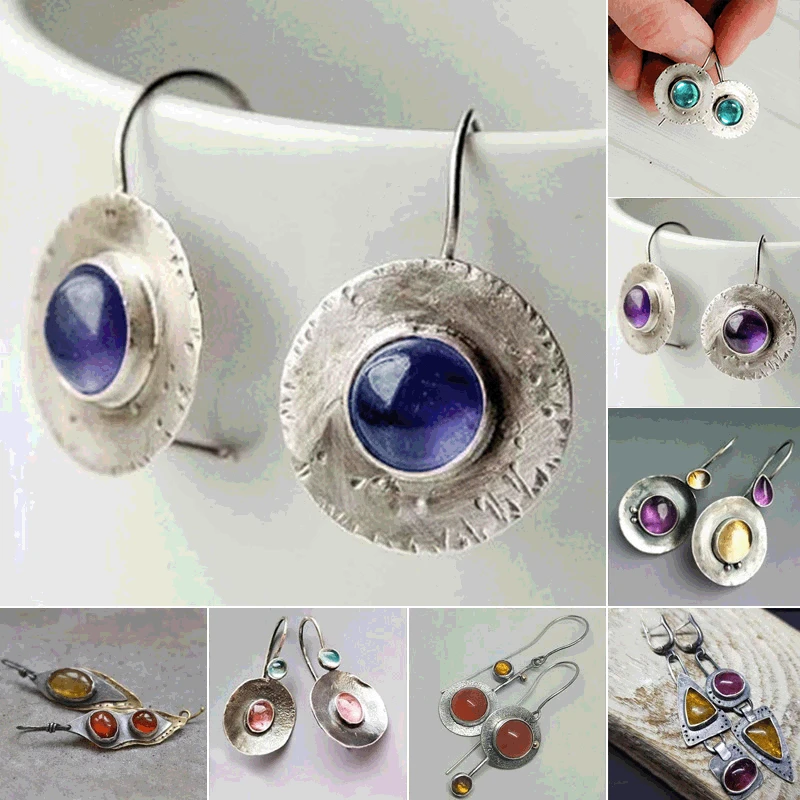 

Boho Ethnic Drop Earring Vintage Silver Color Metal Round Inlaid Blue Stone Dangle Earrings for Women Jewelry Gift wholesale