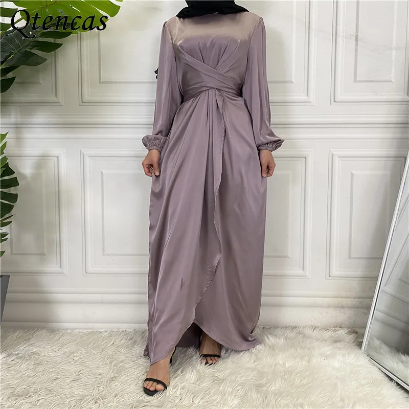 Eid Dubai Abaya атласное мусульманское платье сплошное платье с запахом спереди без разреза оборки рукава Макси турецкие платья для женщин скромн...
