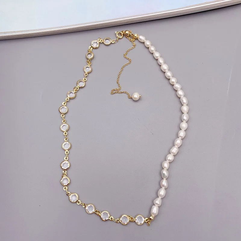 

Minar Luxury Natural Freshwater Pearl Beaded Choker Necklaces for Women Asymmetric Shiny CZ Stone Long Tassel Necklace Jewellery