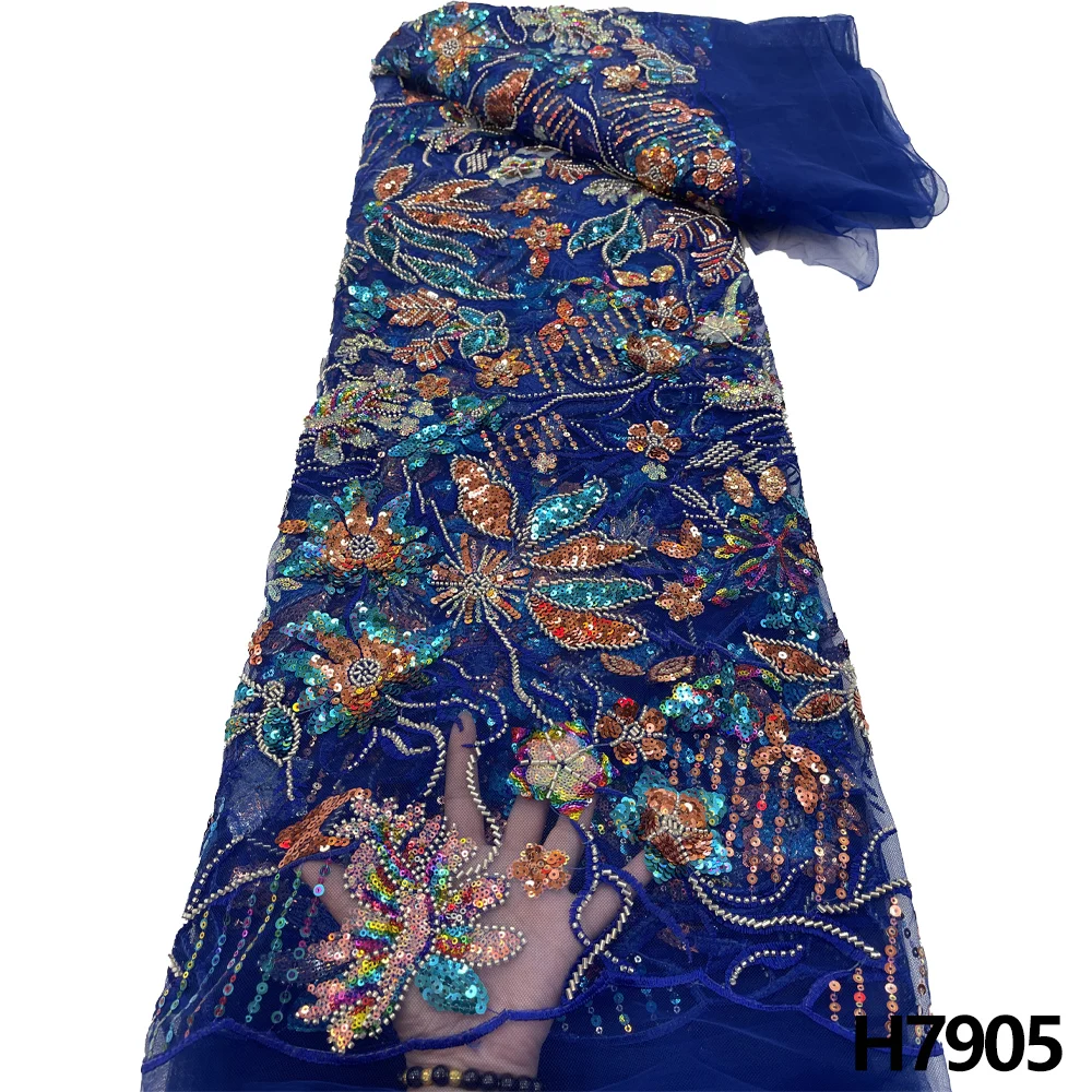 

HFX African French Handmade beaded Lace Fabric 2023 High-quality Lace Nigerian tulle Mesh Lace Wedding Fabric 5yard