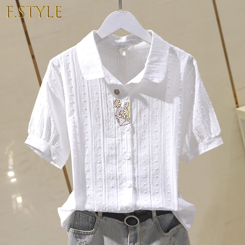 Enlarge Cotton 100% Embroidery Women White Shirts Summer Vintage 2021 Short-Sleeved Slim Casual Female Outwear Blouse Tops