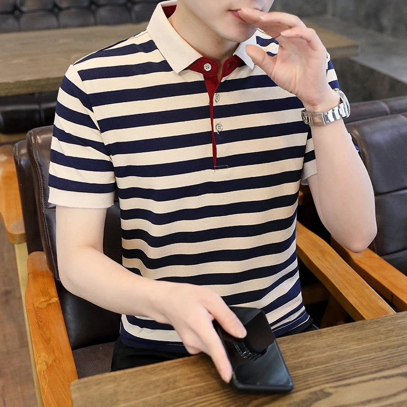 

2022 Cotton Summer Short-sleeved T-shirt Men's Half-sleeve Lapel Striped POLO Shirt Men's Slim Korean Version Fashion Shirt