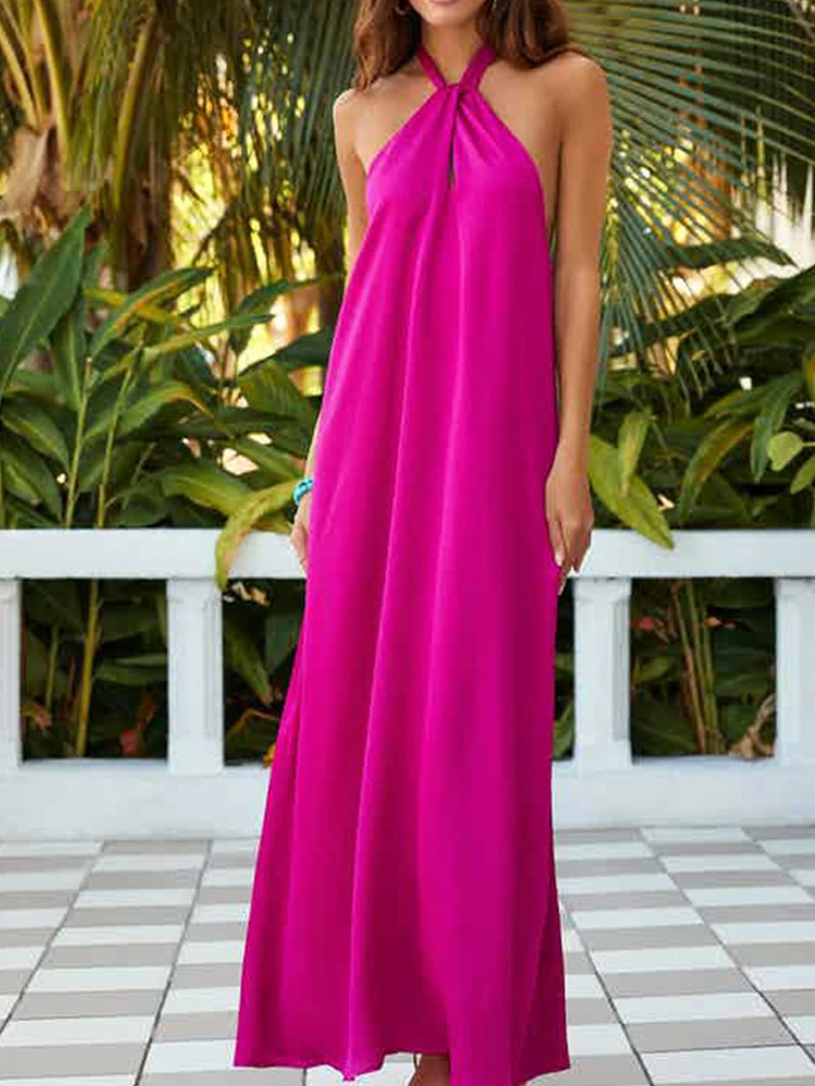 

Casual Loose Solid Cross Halter Dress Women Sexy Off Shoulder Backless Summer Beach Long Dress Fashion Hollow Out Long Dress
