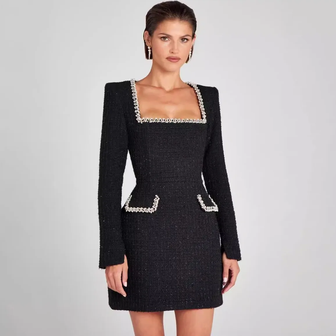 Элегантное женское роскошное официальное белое черное мини-платье с квадратным