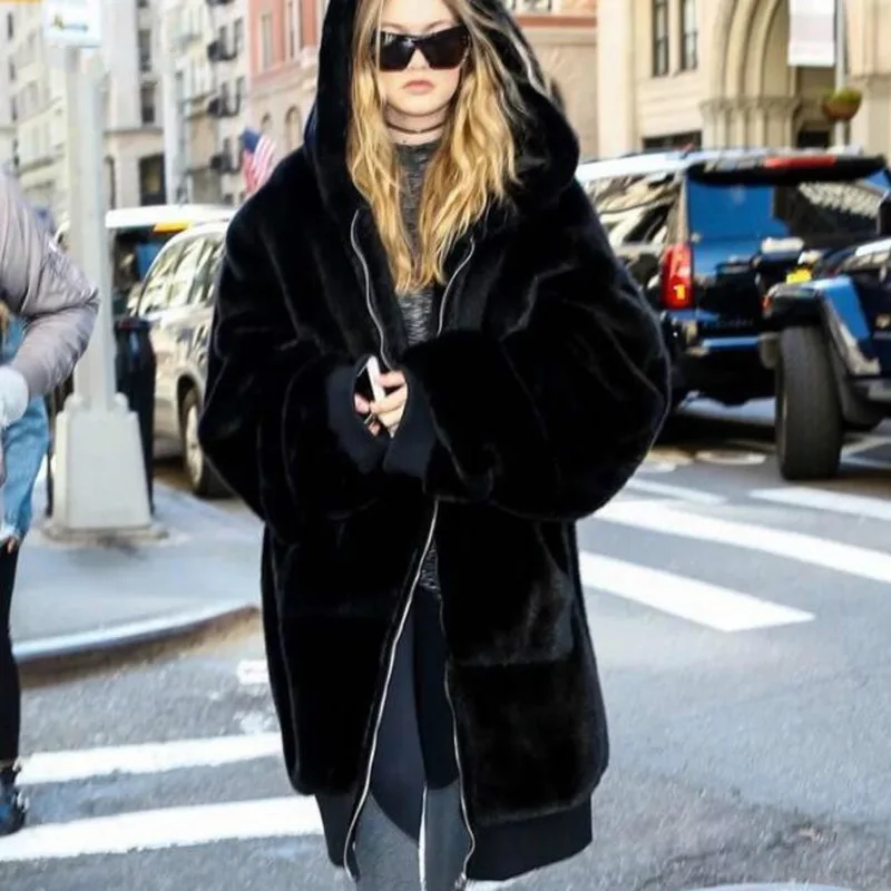 High Quality Hoodies Long Pink Faux Fur Coat Oversized Thicken Elegant Rabbit Fur Women Winter Coat  Size Female h Coats