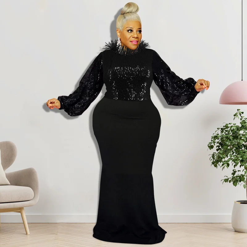 Plus Size Women Clothing Temperament Dresses Embroidery Sequined Beads Maxi Dress Elegant Trumpet Dresses Who 3xl 4xl 5xl 6xl