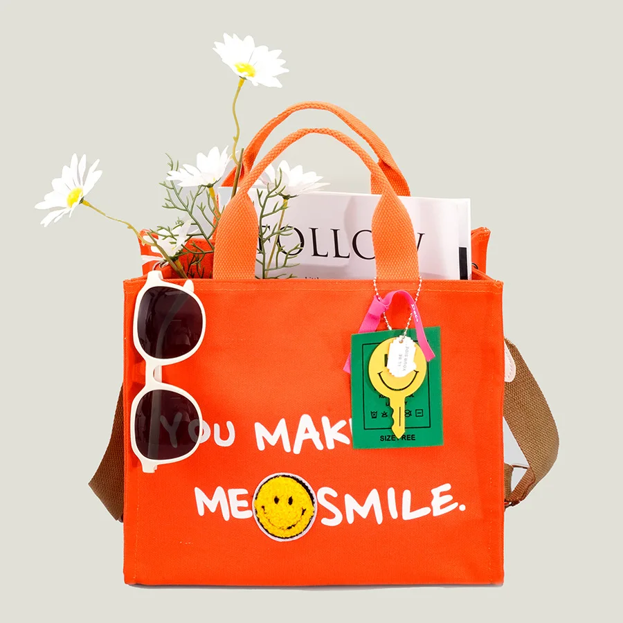 

Casual Canvas Tote Bag Designer Letters Women Handbags Smiling Face Shoulder Crossbody Bags Small Shopper Purses 2022 Summer Sac