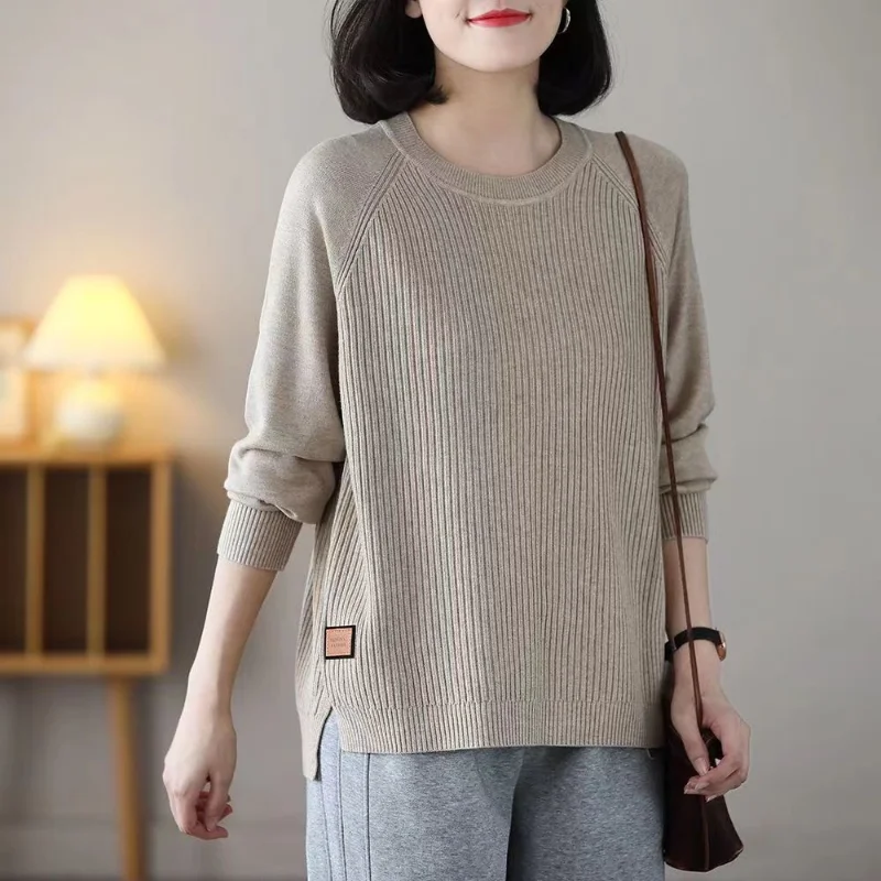 

2023 Women's Autumn New Big Size Cover Your Belly Appears Thin Round Neck Solid Color Stripe Splicing Long Sleeves Knit Sweater