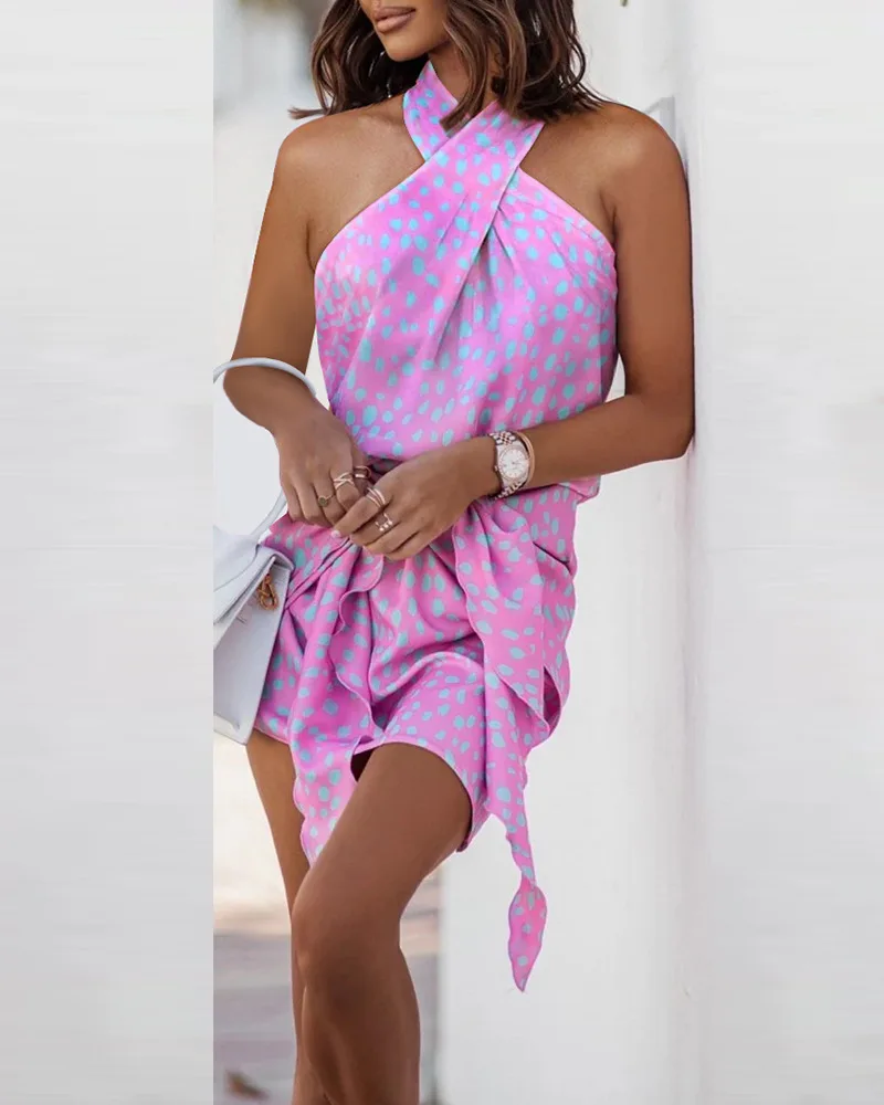 

Fashion dot Print Dress Women sleeveless scarf collar Party Dress Commuter Mini Dress Lady Elegant Lace-up Ruffle Office Dresses