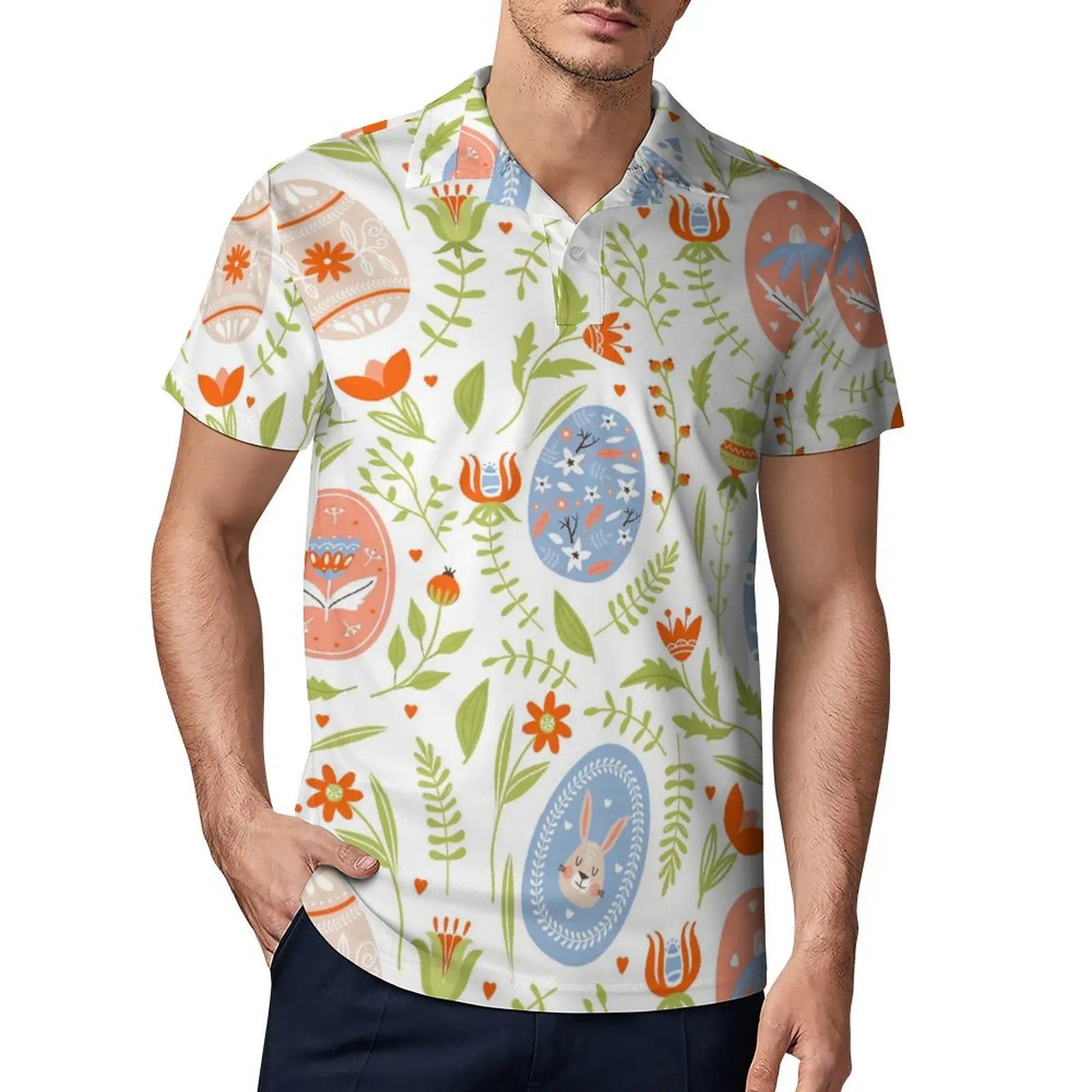 

Красочные рубашки поло с пасхальными яйцами, коллекция цветов, кроликов, Повседневная рубашка, летние модные футболки, мужской топ с коротк...