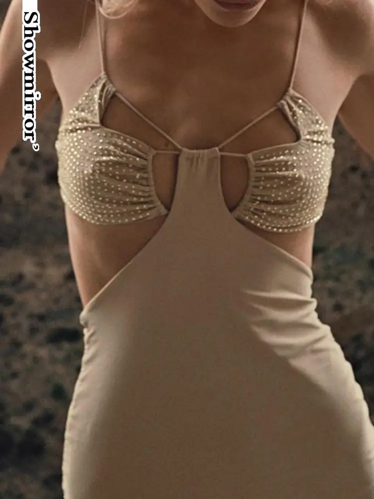 

ShowmirrorSexy Hollowed-out Halter Dress Spicy Girls Backpack Hip Skirt Gliter Gothic Female Club Party Vestido Hip Pop