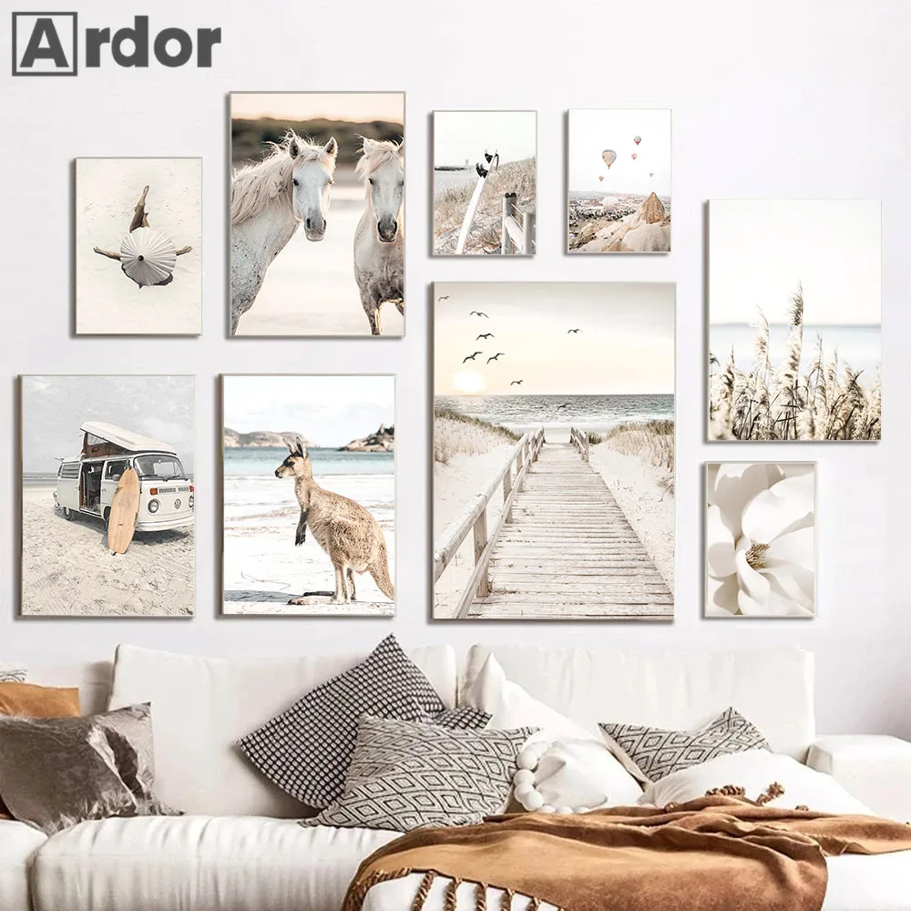 

Kangaroo Horse Beach Wall Art Poster Hay Reed Canvas Painting Surfboard Bridge Art Prints Nordic Wall Pictures Living Room Decor
