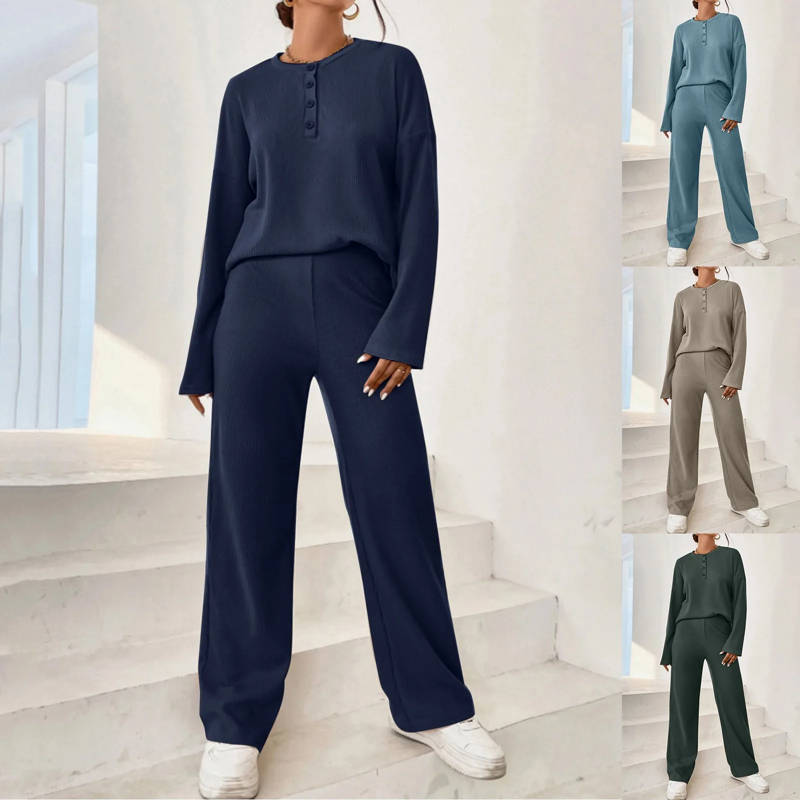 

Women's Casual 2 Piece Outfits Long Sleeve Half Button Tee Shirt And Pants Set Loose Autumn Pullover Loungewear Sweatpants Blusa