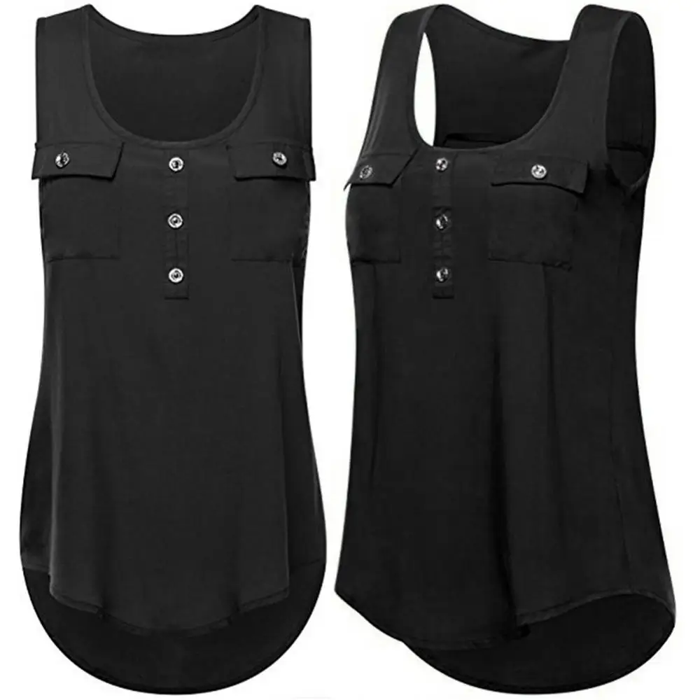 

Сексуальный женский однотонный топ без рукавов на пуговицах с круглым вырезом и асимметричным подолом