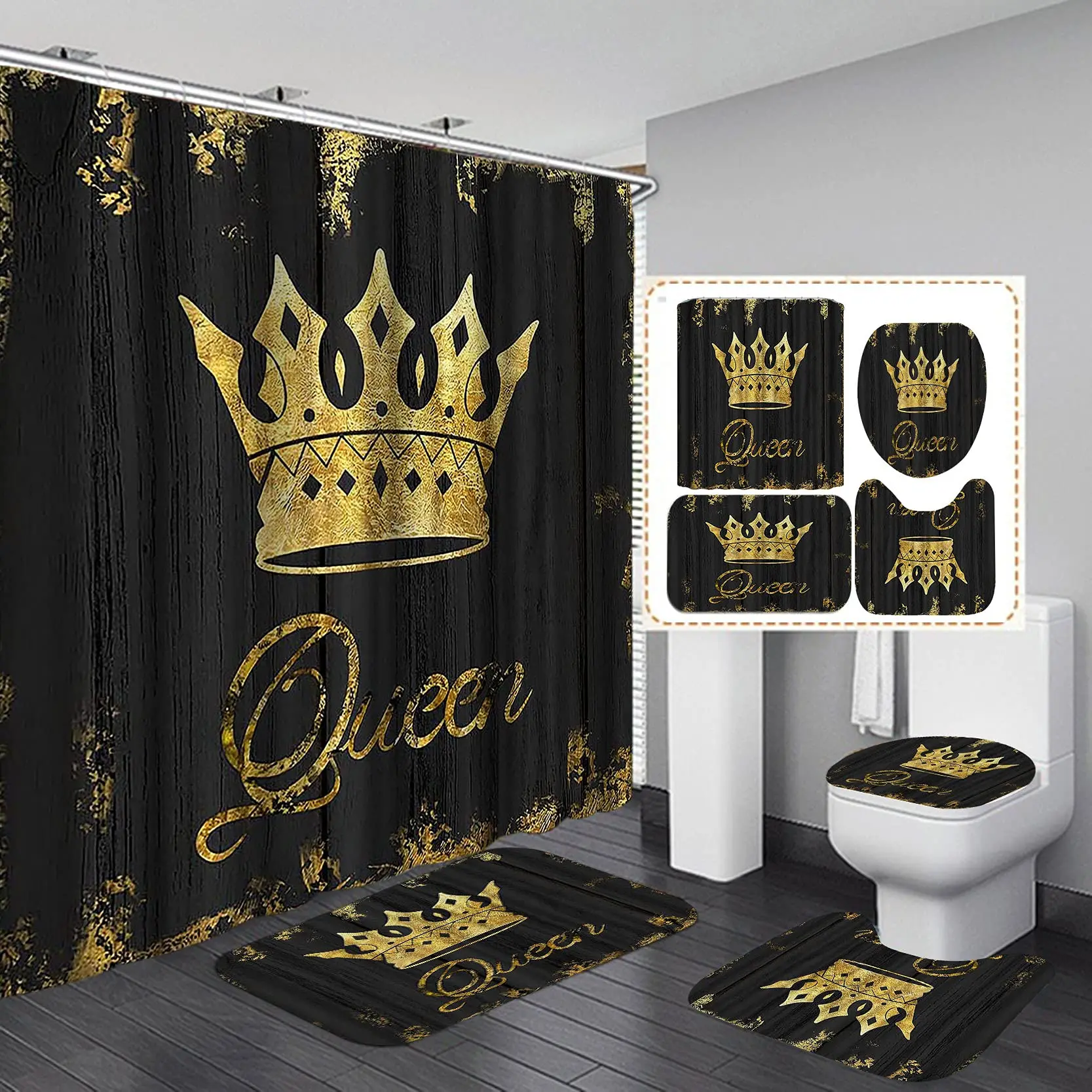 

Luxury Gold Crown Queen Shower Curtains Set Toilet Cover Mat Anti-slip Rug Royal Waterproof for Bathroom Set Home Decorations