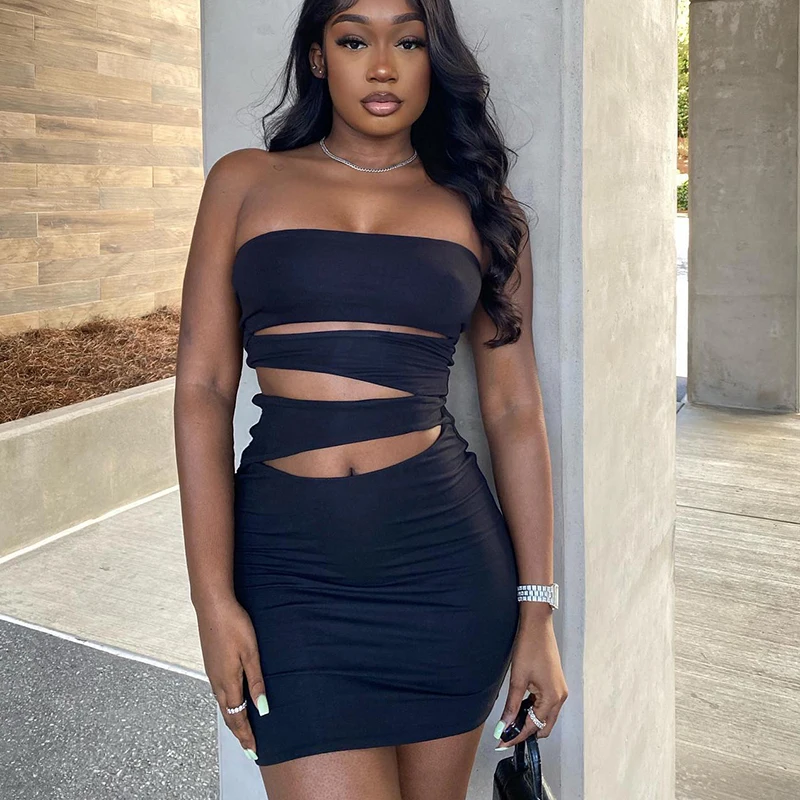

Women Solid Color Sleeveless Backless Hollow-Out Slim-Fit Strapless Short Dress