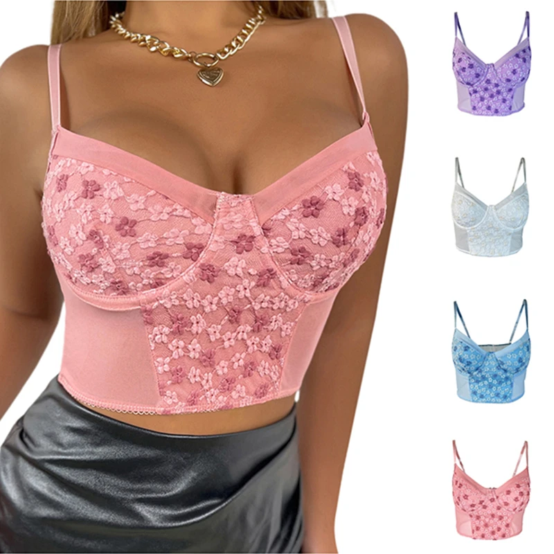 

Кроп-топ Musuos Женский на бретельках, кружевная майка с цветочной вышивкой, облегающий жилет без рукавов, Повседневная Уличная одежда в стиле ...