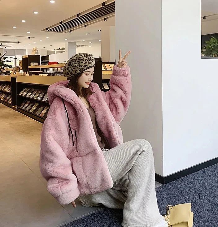 Women's Fur Jacket Famale Loose Faux Rabbit Fur Zip Hooded Thicken 2022 Winter short Fur Coat pocket zipper Thick fur korean