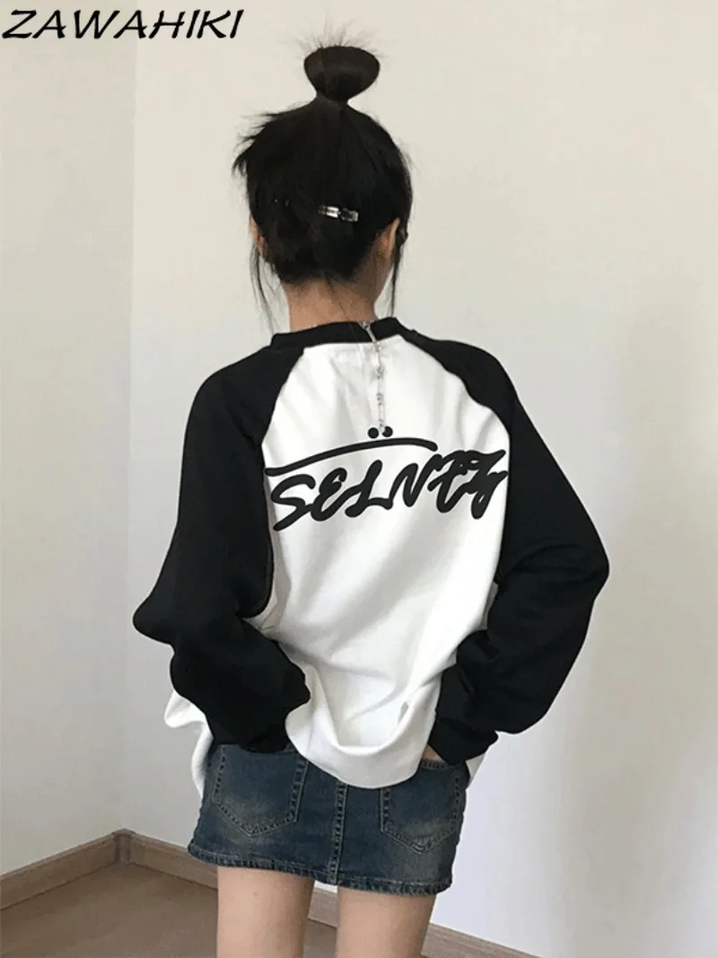 

American Raglan Long Sleeve T Shirt Women Spring Autumn New Loose Designed Chic Patchwork Contrast Color Letter Print Streetwear
