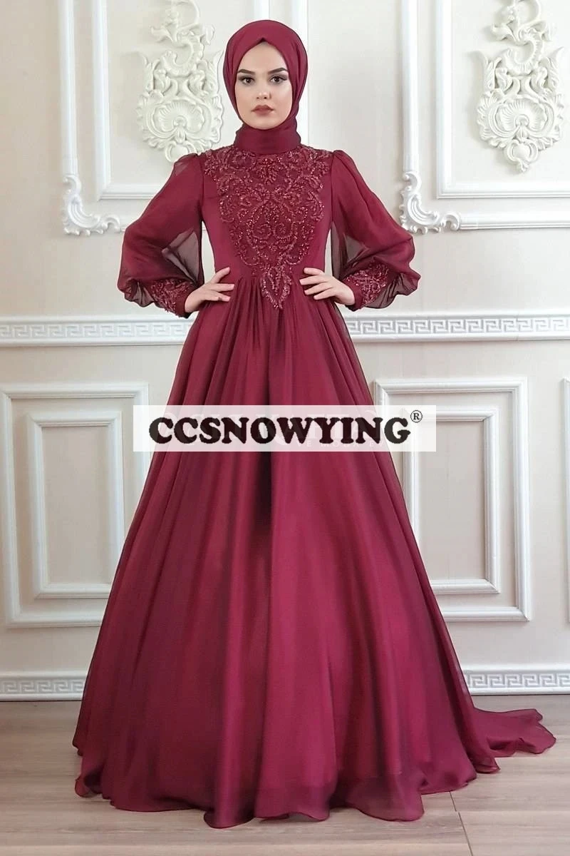 

Платье женское вечернее шифоновое с длинным рукавом и высоким воротником