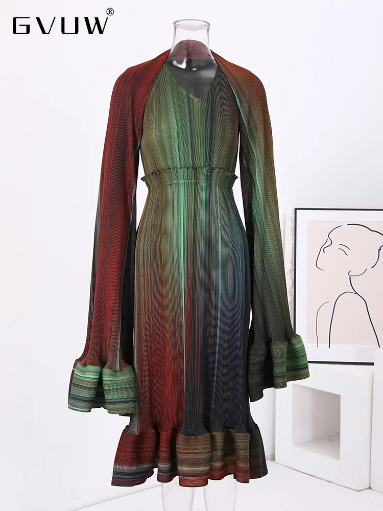 Плиссированное модное платье GVUW с V-образным вырезом и длинным рукавом женское