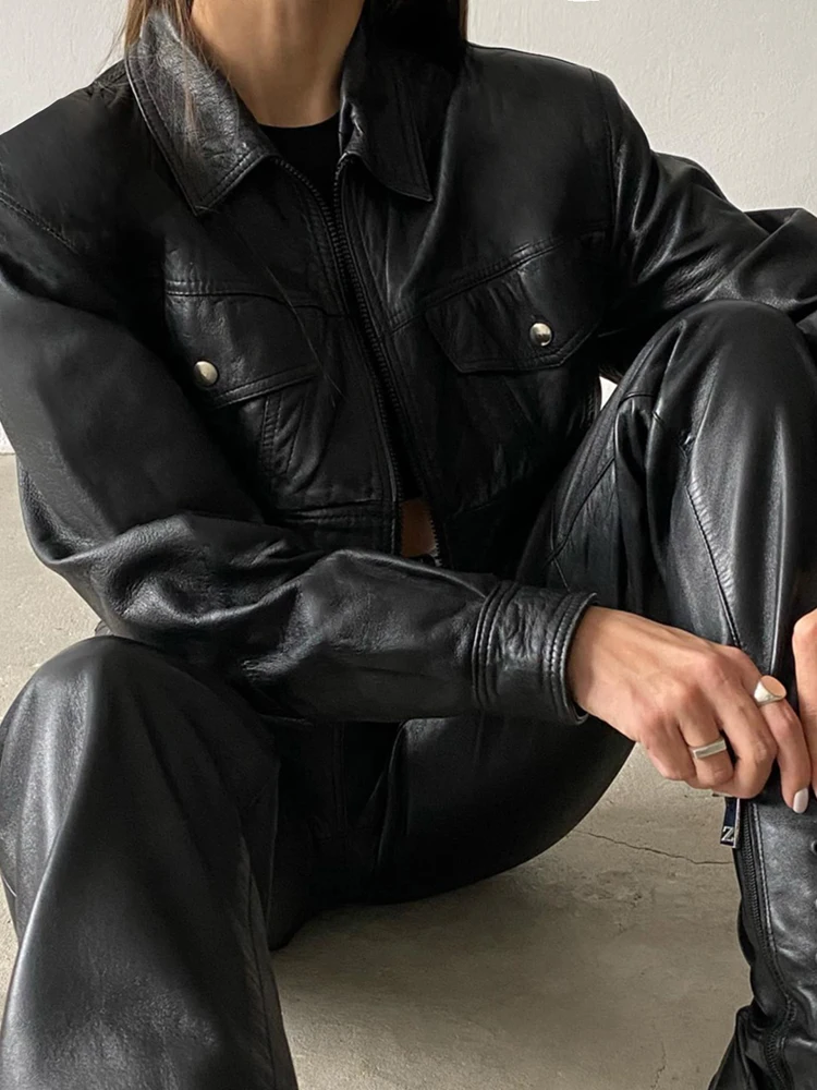 IAMSURE Casual Streetwear Pu Leather Cropped Jackets Autumn Zipper Turn-Down Collar Long Sleeve Coats Women 2022 Streetwear