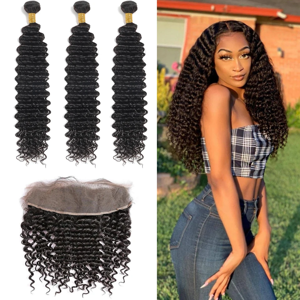 

BAHW Indian Deep Wave Bundles With Closure For Black Women High Quality 100% Virgin Human Hair Frontal With Bundles Extensions