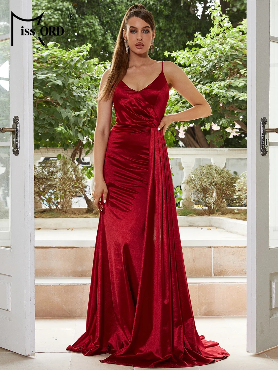 Missord V-neck Spaghetti Strap Satin Draped Red Evening Dress Elegant Mermaid Hem Long Party Dress Wedding Prom Women Dresses