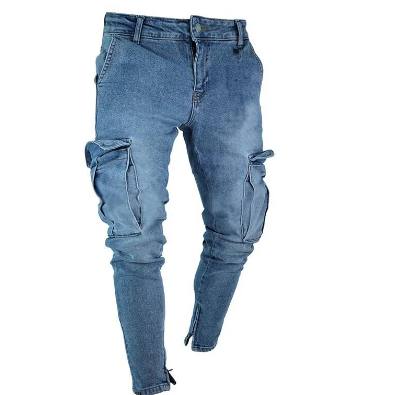 Stretch Mens Jeans Trend Knee Hole Zipper Side Pocket Denim Pants for Men