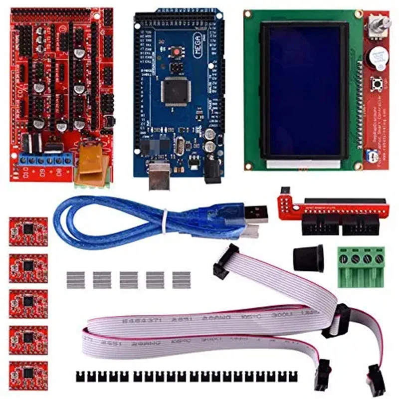 

Комплект контроллеров для 3D-принтера RepRap RAMPS 1,4 + 2560 плата + 5 шт. Драйвер шагового двигателя A4988 с радиатором + ЖК-дисплей 12864 комплект