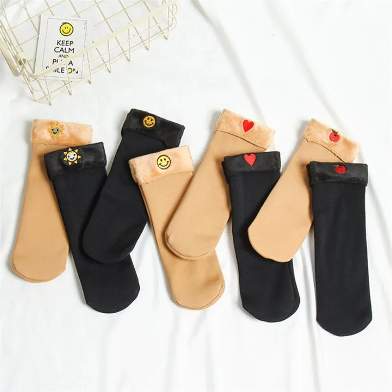 Autumn Winter Kawaii Smiley Face Apple Heart Patterned Female Ladies Snowflake Warm Socks