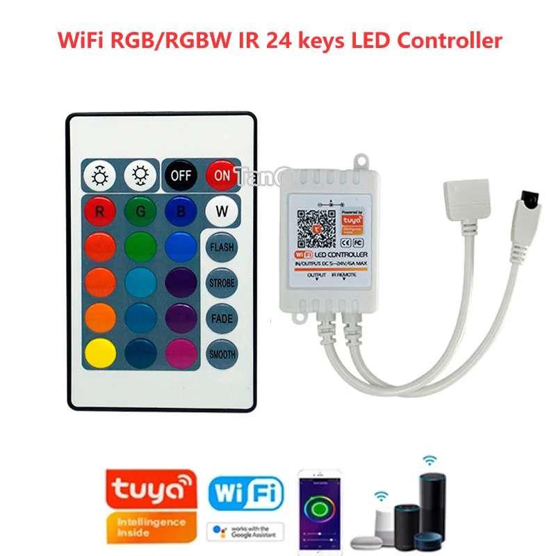 

Tuya WiFi RGB/RGBW IR 24 keys LED Controller for Alexa Echo/Google Mic Speaker Smart home dimming APP Remote Voice Control