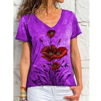 v neck floral print casual t shirt femme oversized loose tee ladies short sleeve tops simplicity pullovers summer women clothing