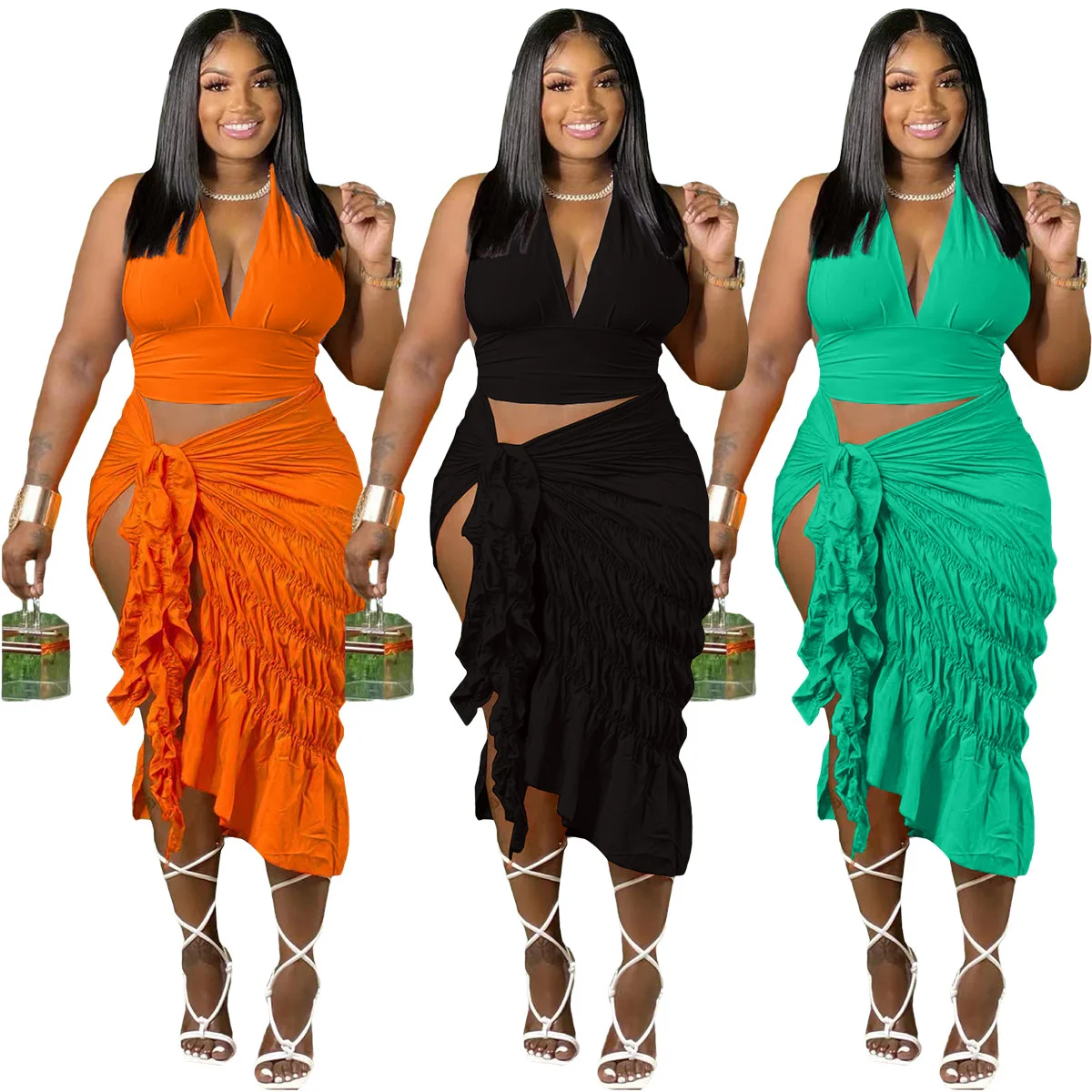 

Women's Vest Sexy Fold Solid Color Slit Two Piece Sets Women Sleeveless Top And Skirt Tracksuit