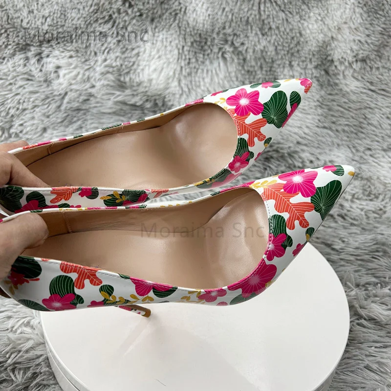 Print Super High Heels Shoes for Women Pumps Flowers Pointed Toe Shallow Stiletto Wedding Party Shoes Bride Female Spring