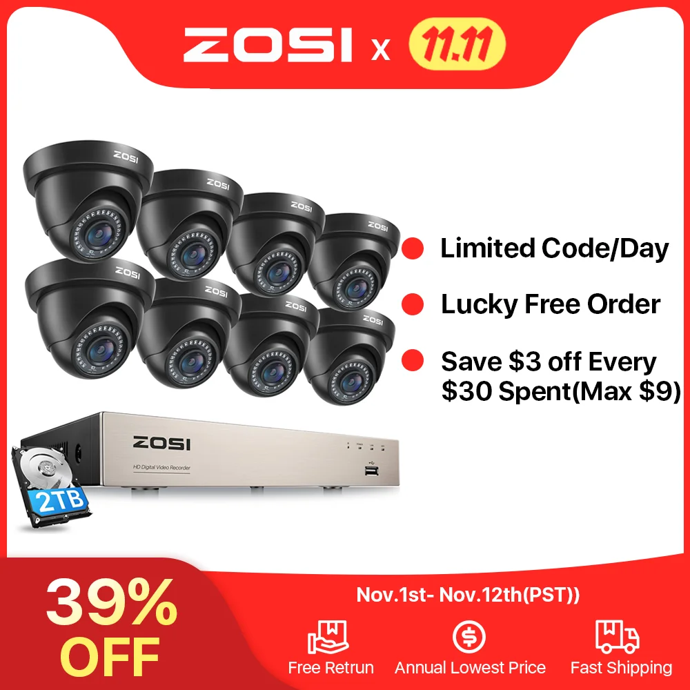 Pаспродажа Система видеонаблюдения ZOSI 1080p, 8 каналов, HD-TVI, 1080P, H.265 + видеорегистратор с 8 комплектами HD 2.0MP In/Outddor Купольные Камеры видеонаблюдения