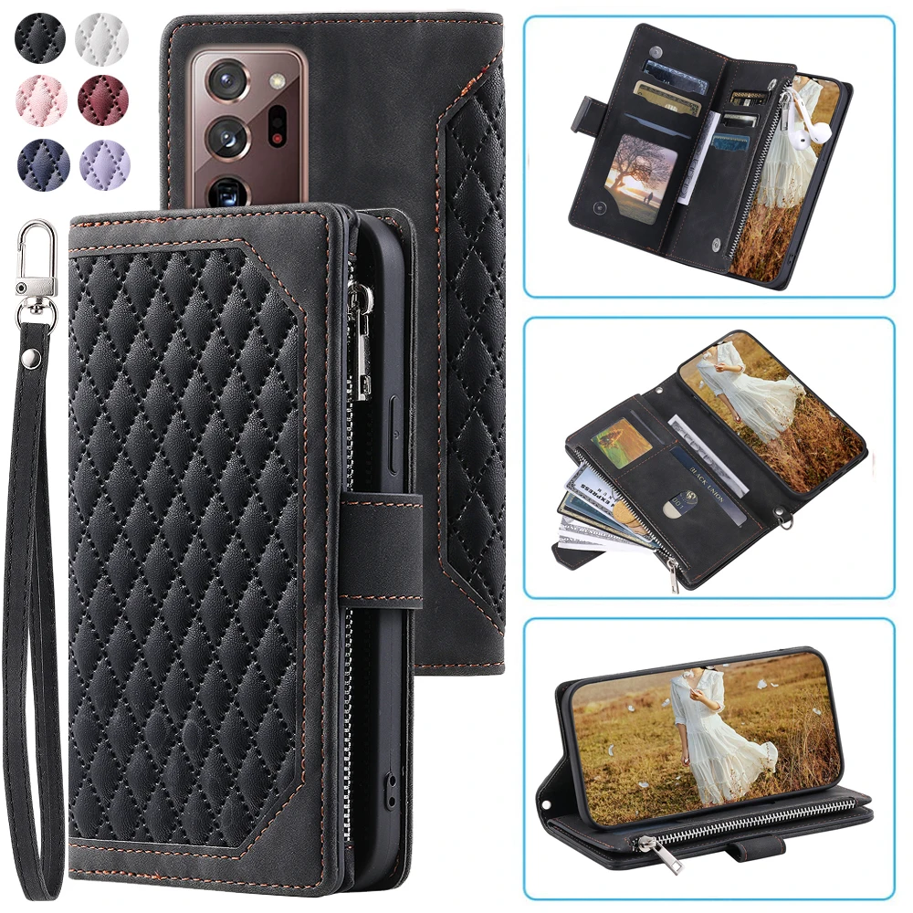 

Fashion Zipper Wallet Case Samsung Note20 Ultra 5G Flip Cover Multi Card Slots Cover Phone Case Card Slot Folio with Wrist Strap