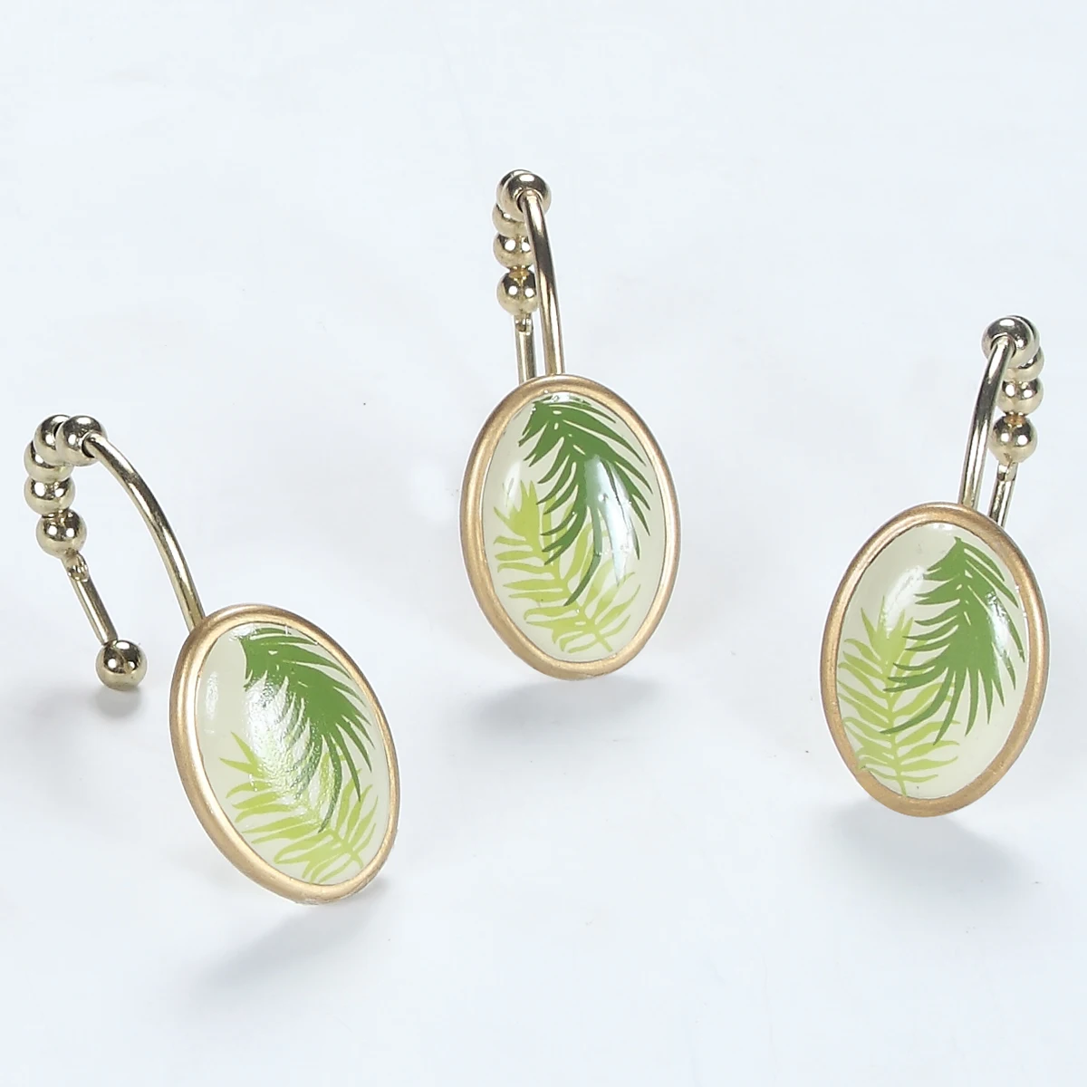 

Sago Palm Decoratived Leaves Design Gold Shower Curtain Hooks,Green Roller Ring Balls Hooks for Bathroom Curtains,Set of 12
