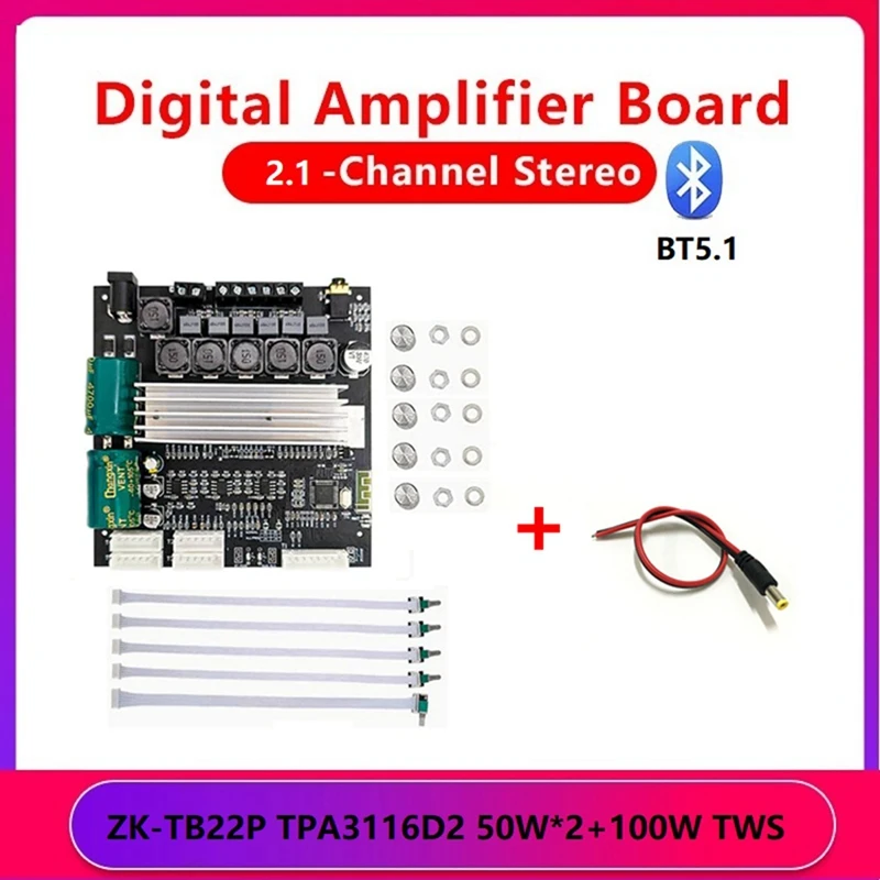 

1 Set BT5.1 TPA3116D2 50Wx2+100W TWS Box With DC Cable ZK-TB22P Amplifier Board Bluetooth Audio Amplifier Board
