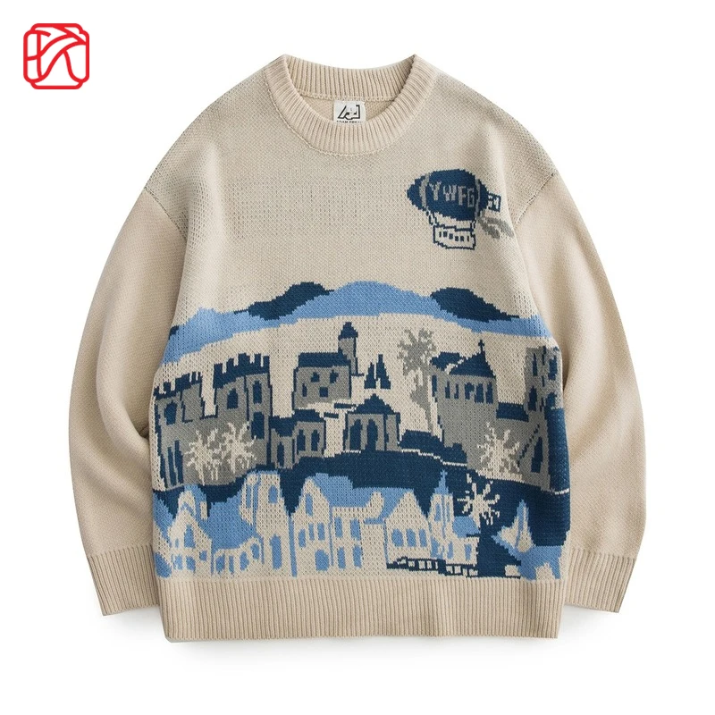 

Harajuku Men Sweaters City House Pattern Knited Pullover Women Japan Style Streetwear Autumn Winter Vintage Warm Jumpers Unisex