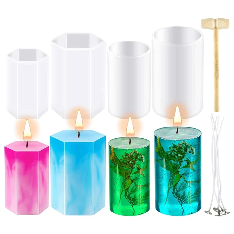 

Cylinder Hexagon Candle Molds Pillar Candle Silicone Molds Silicone Casting Molds with 5 Candle Wicks for Candle Making