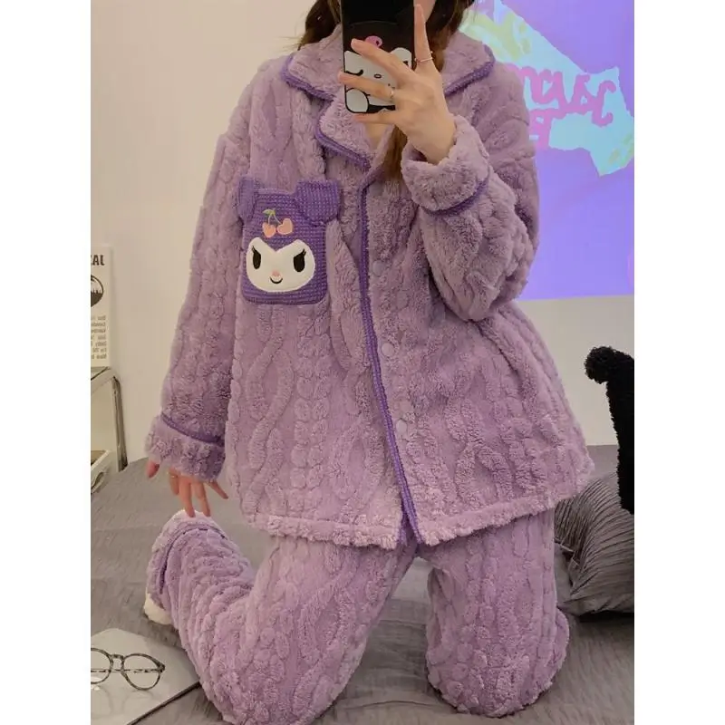 

Sanrio Kuromi Coralline PJ's New Fall/winter Home Wear Kulomi Girl Heart Kawaii Thick Flannel Winter Suit
