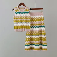 hlbcbg high quality french sleeveless stripe sweater vest elastic waist 2pcs casual knitting skirt suits women trendy summer set
