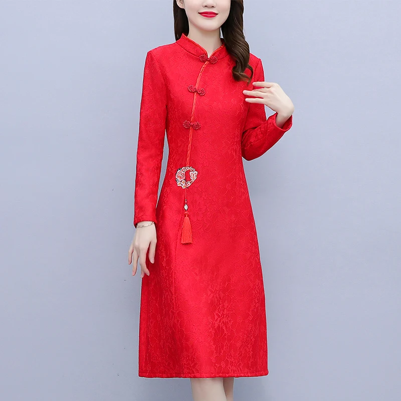 

2022 Long Sleeve Dinner Party Qipao Dress for Women Clothing New Red Chinese Traditional Modified Cheongsam Retro Tops