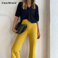 henzworld women fashion autumn high rise flare pants trousers streetwear vintage bottom casual yellow suit pants sweatpants